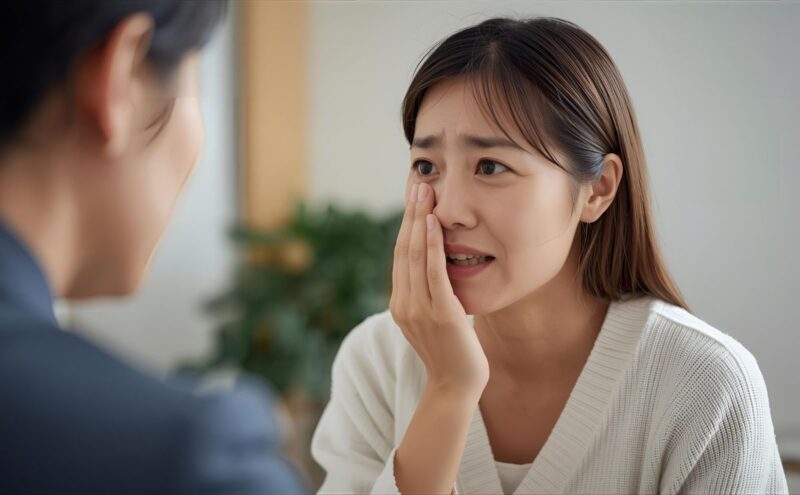 泣きながらカウンセリングを受ける女性