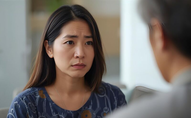 不安な表情でカウンセリングを受ける女性