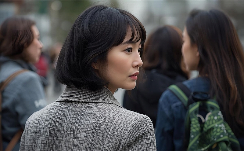 友人グループから離れる女性